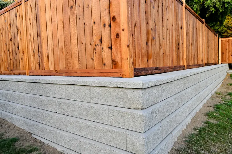 Long run of capped segmental block retaining wall with a straight, level top course